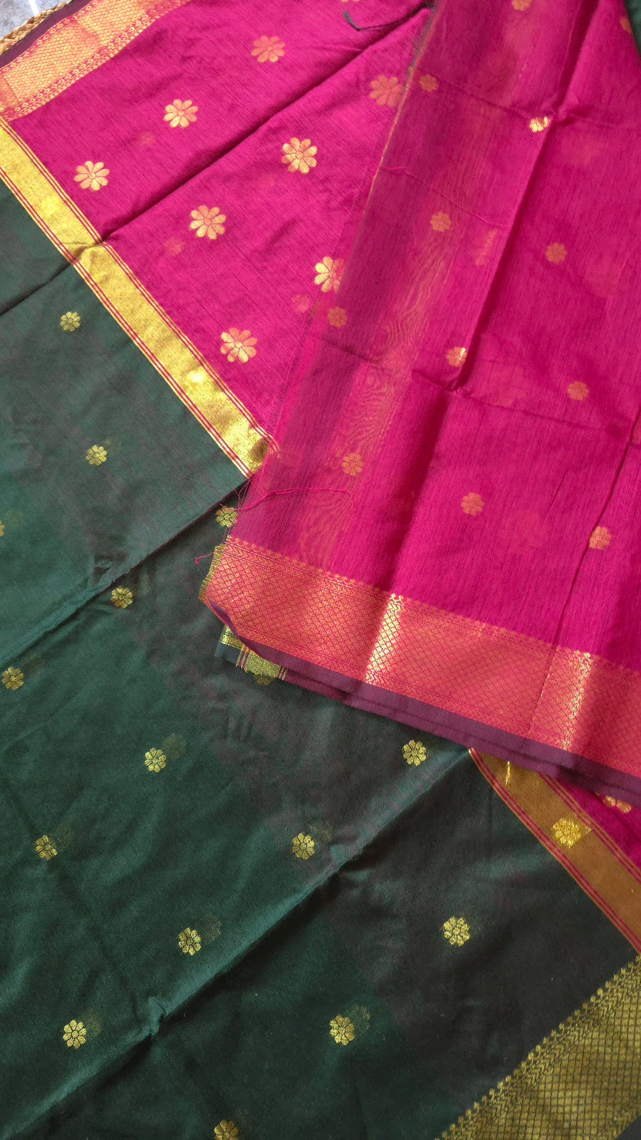 Green Maheshwari-Style Cotton Silk Saree with Magenta Pallu and Flower Butta