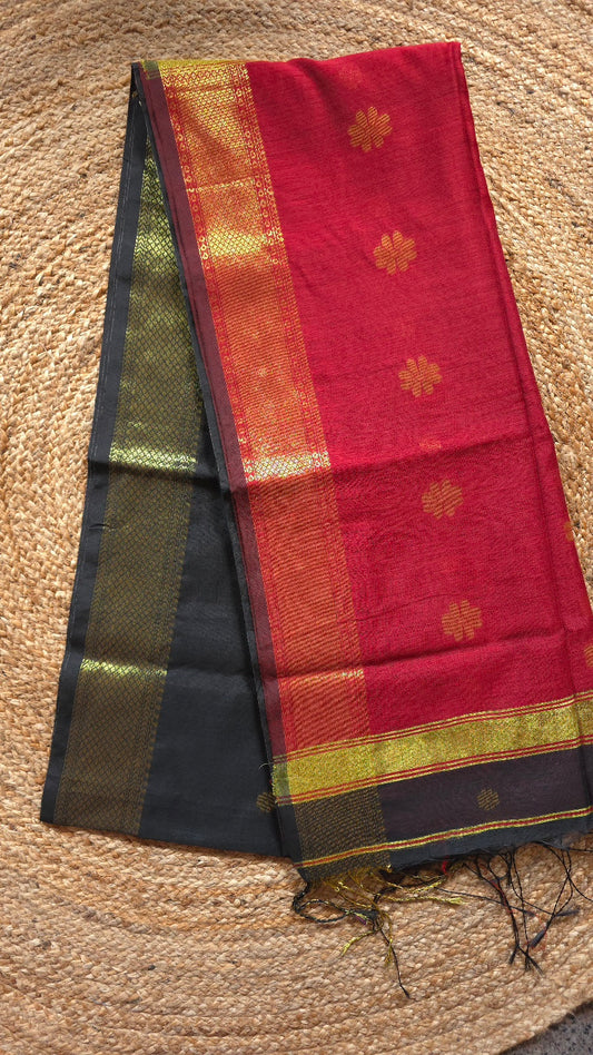 Black Maheshwari-Style Cotton Silk Saree with Red Pallu and Flower Butta