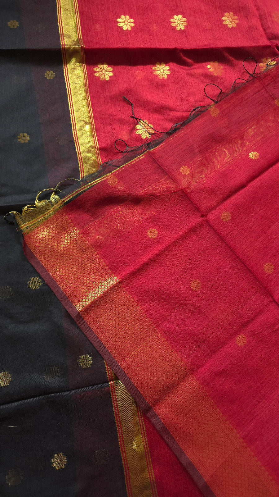 Black Maheshwari-Style Cotton Silk Saree with Red Pallu and Flower Butta