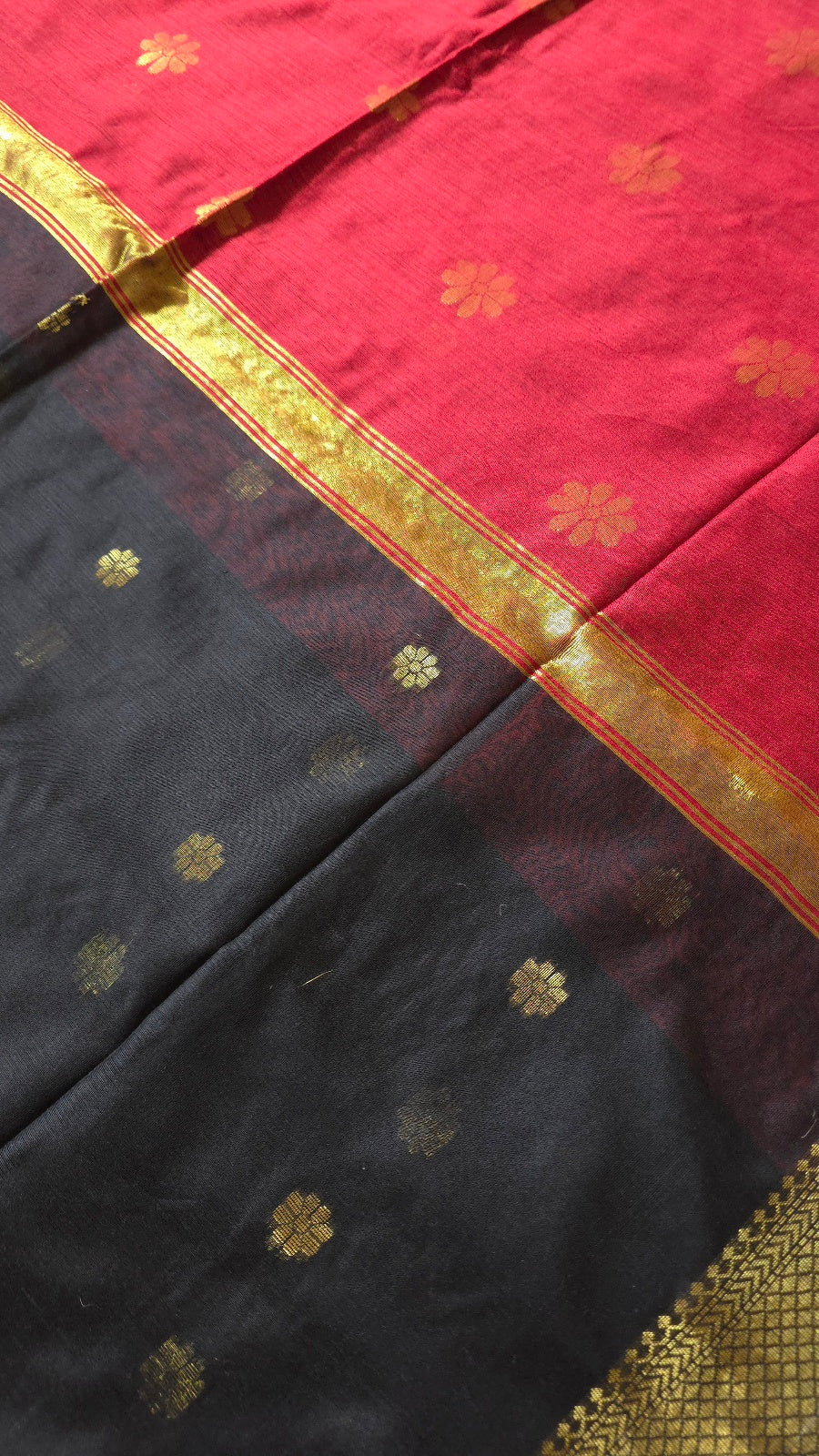 Black Maheshwari-Style Cotton Silk Saree with Red Pallu and Flower Butta
