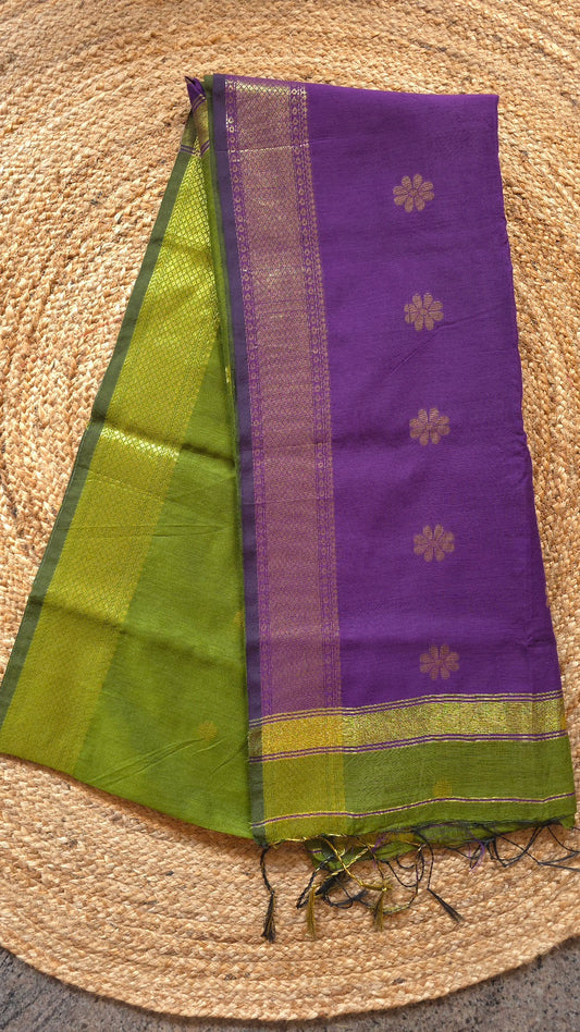 Leaf Green Maheshwari-Style Cotton Silk Saree with Purple Pallu and Flower Butta