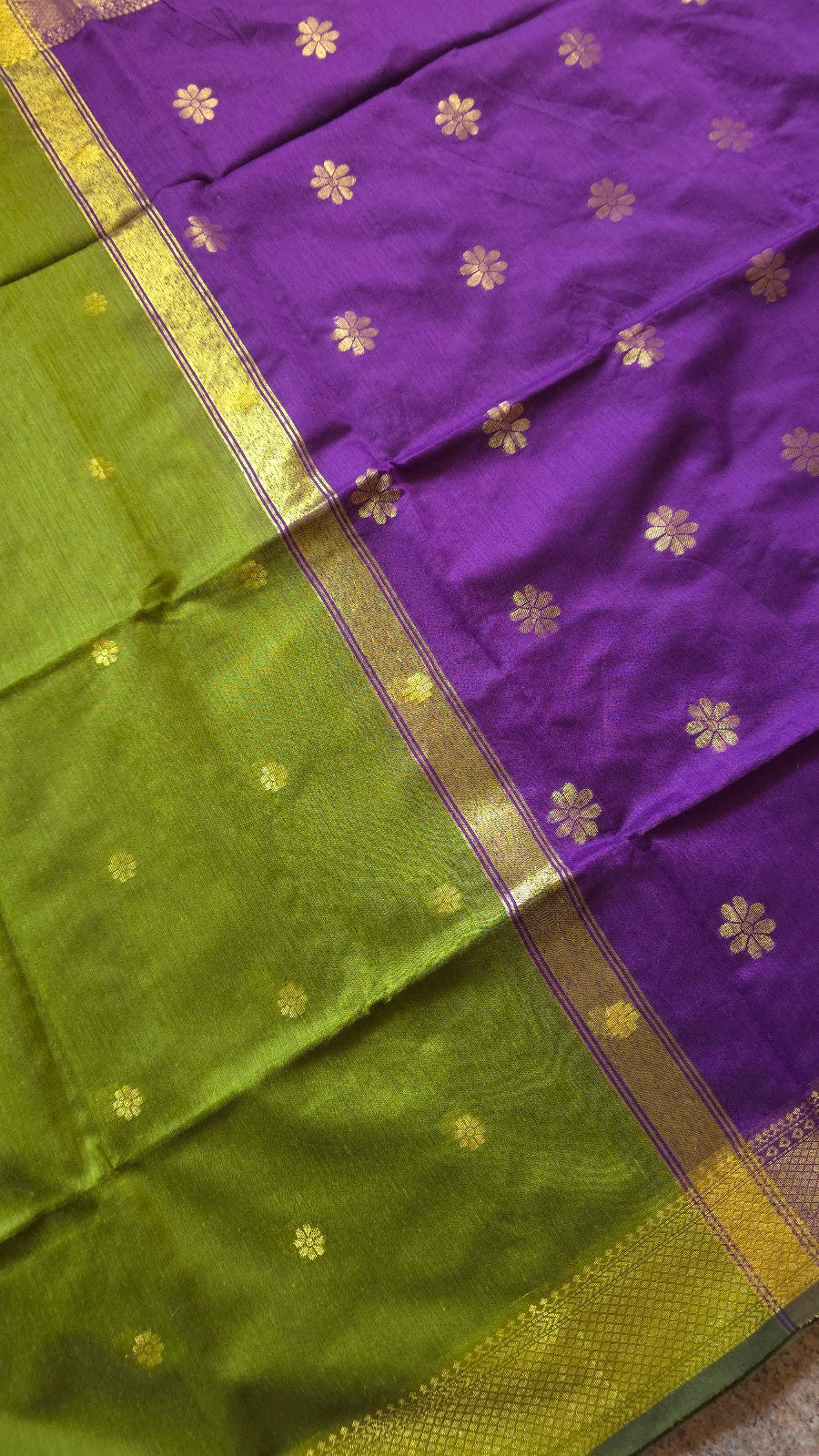 Leaf Green Maheshwari-Style Cotton Silk Saree with Purple Pallu and Flower Butta