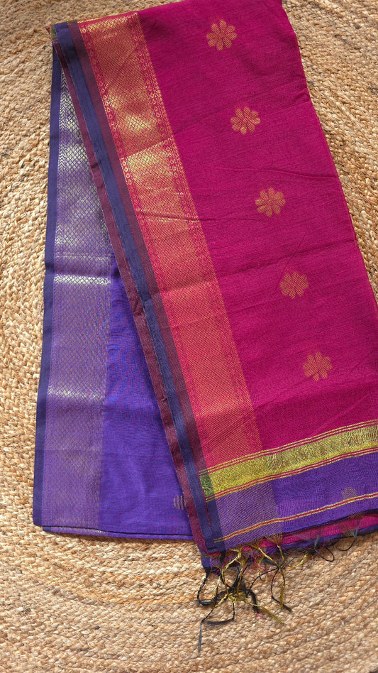 Purple Maheshwari-Style Cotton Silk Saree with Magenta Pallu and Flower Butta