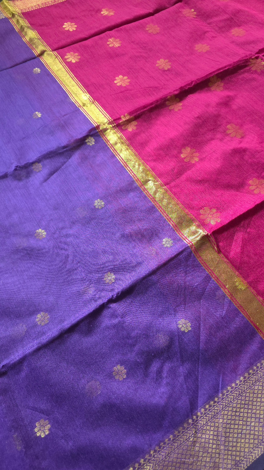 Purple Maheshwari-Style Cotton Silk Saree with Magenta Pallu and Flower Butta