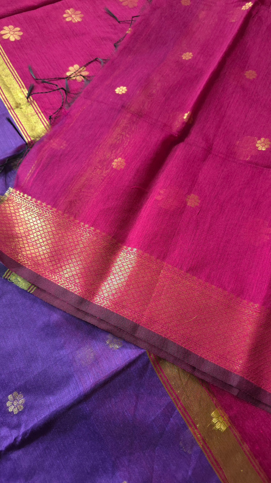 Purple Maheshwari-Style Cotton Silk Saree with Magenta Pallu and Flower Butta