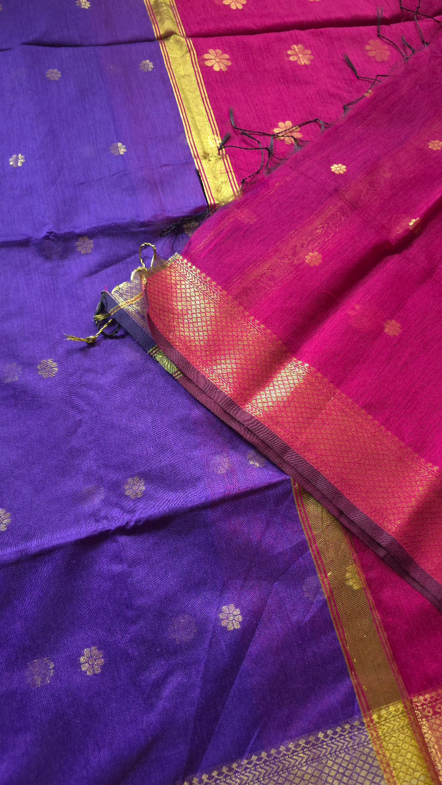 Purple Maheshwari-Style Cotton Silk Saree with Magenta Pallu and Flower Butta