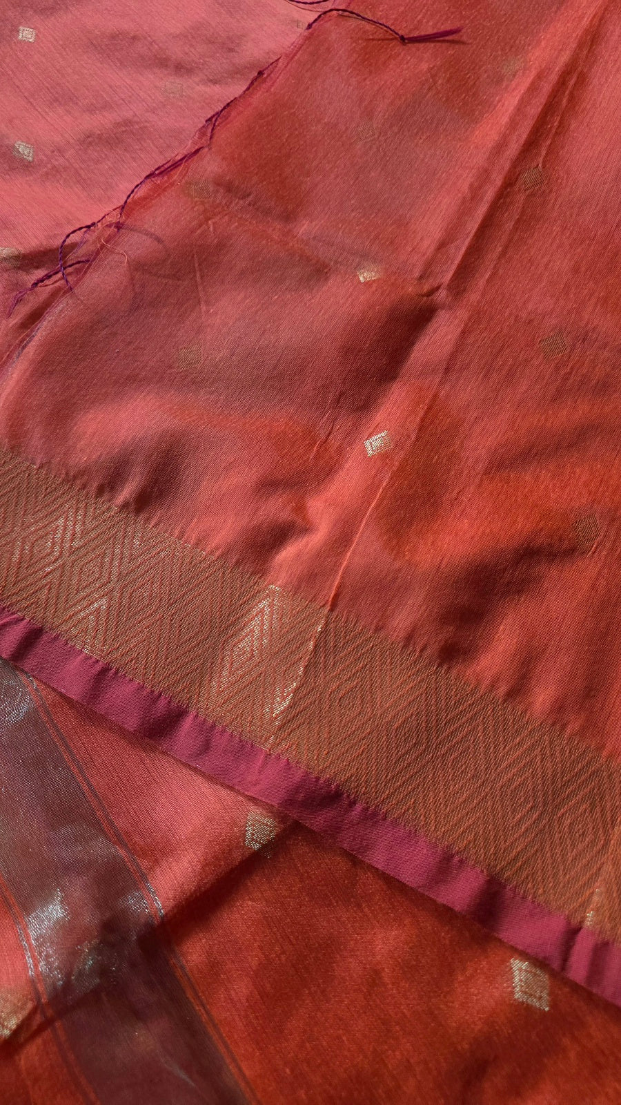 Bright Orange Maheshwari-Style Cotton Silk Saree with Gold Border and Butta