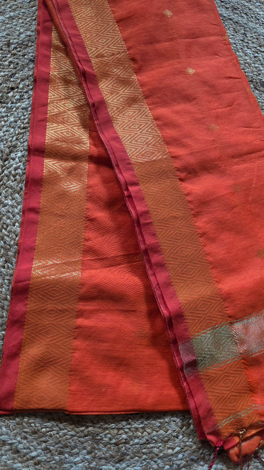 Bright Orange Maheshwari-Style Cotton Silk Saree with Gold Border and Butta