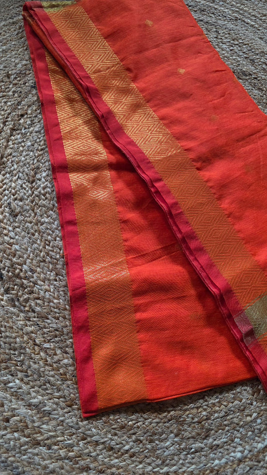 Bright Orange Maheshwari-Style Cotton Silk Saree with Gold Border and Butta