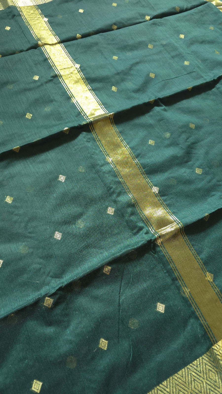 Dark Green Maheshwari-Style Cotton Silk Saree with Gold Border and Butta