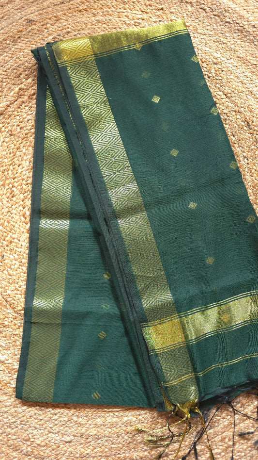 Dark Green Maheshwari-Style Cotton Silk Saree with Gold Border and Butta