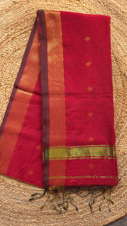 Red Maheshwari-Style Cotton Silk Saree with Gold Border and Butta