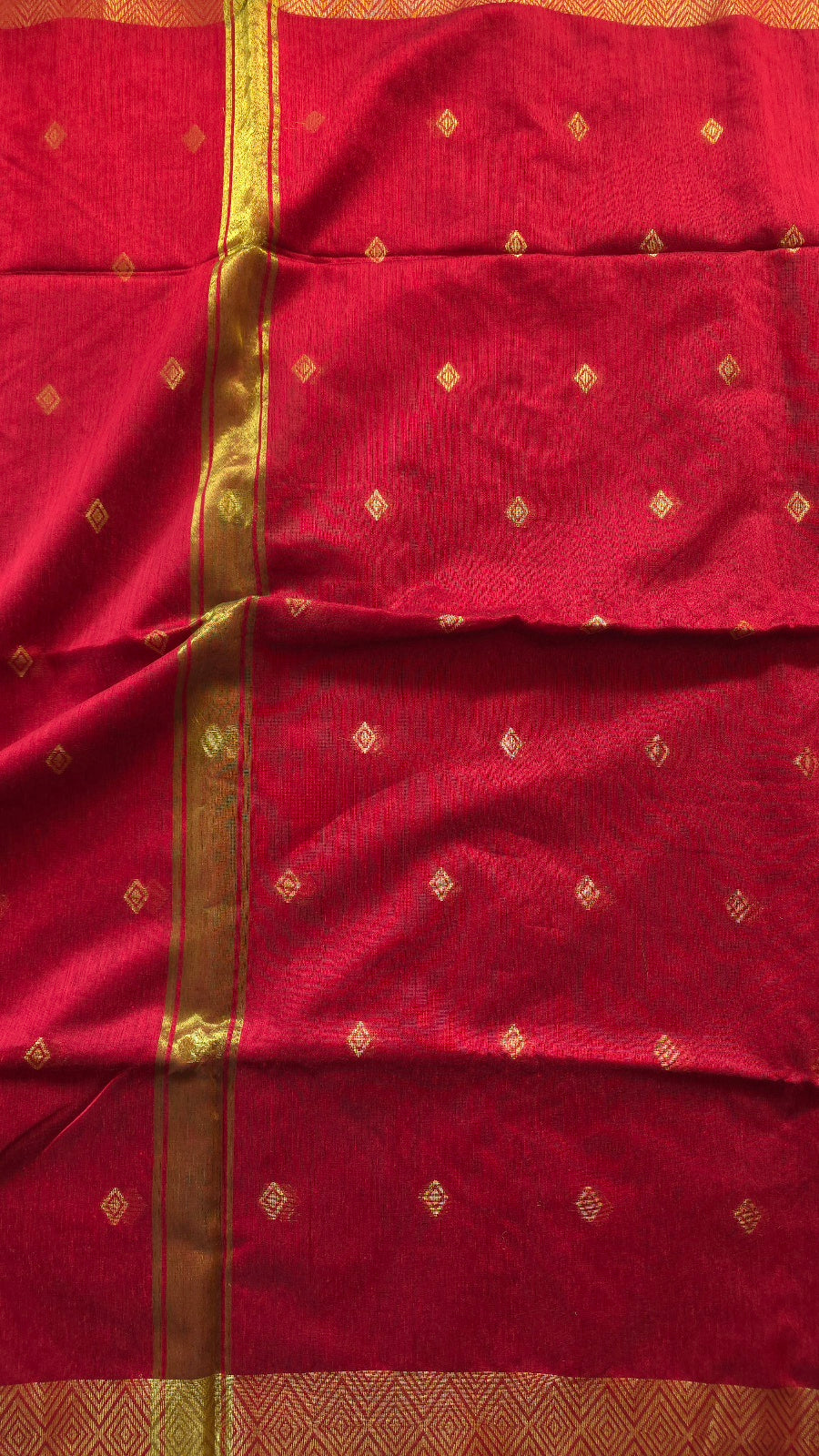 Red Maheshwari-Style Cotton Silk Saree with Gold Border and Butta
