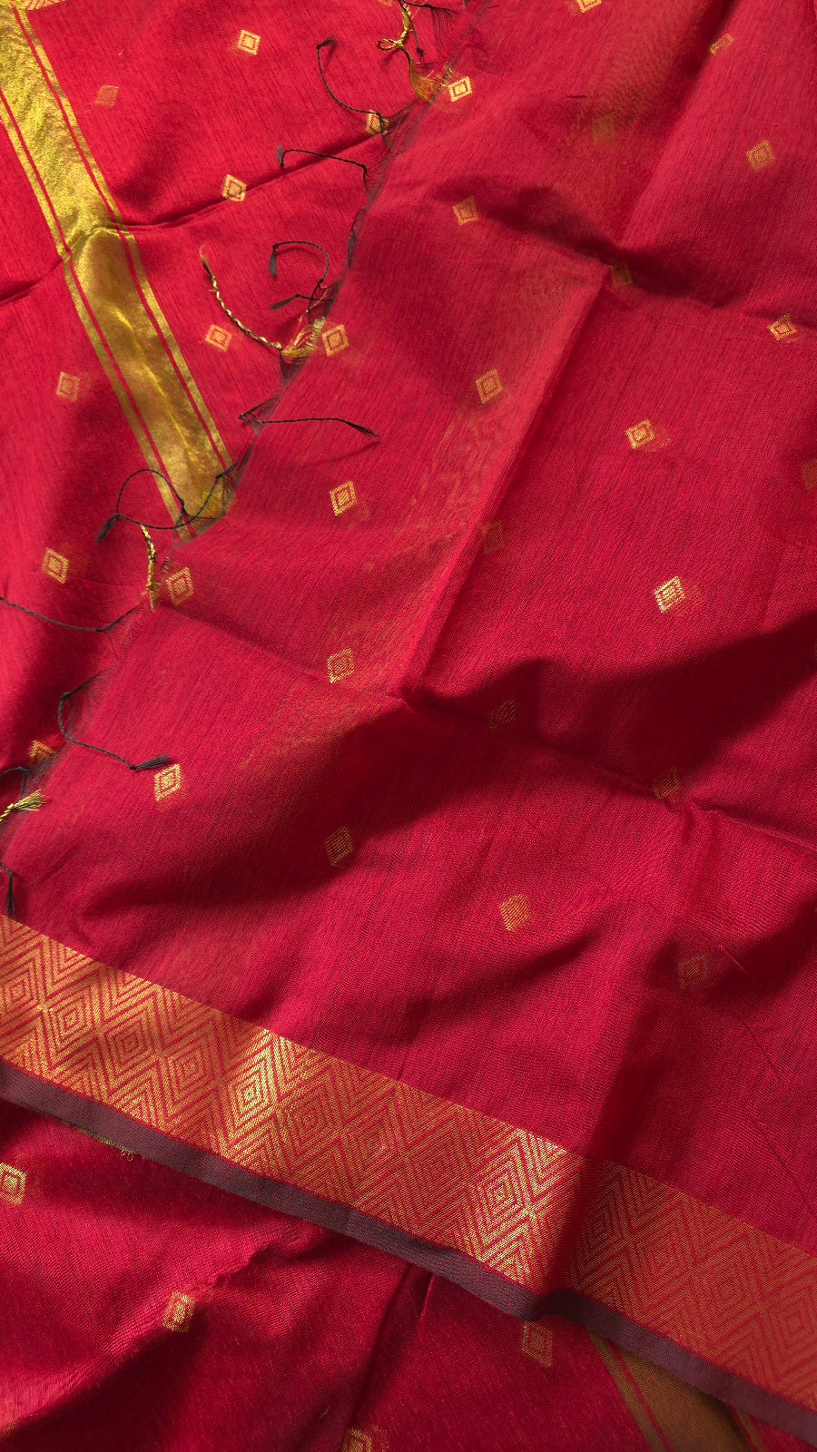 Red Maheshwari-Style Cotton Silk Saree with Gold Border and Butta
