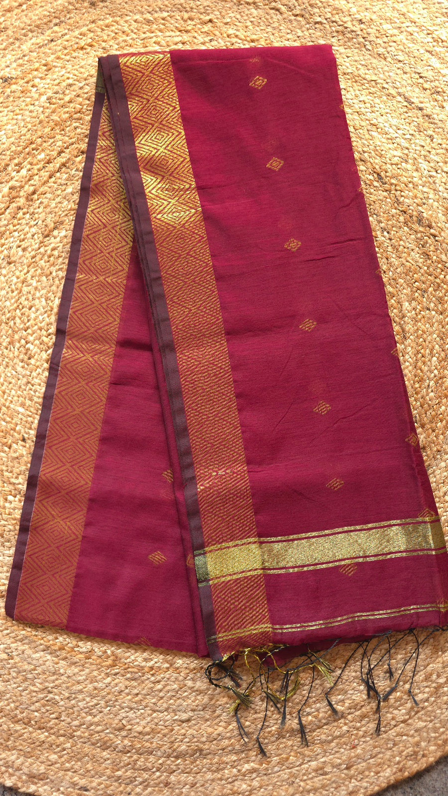 Maroon Maheshwari-Style Cotton Silk Saree with Gold Border and Butta