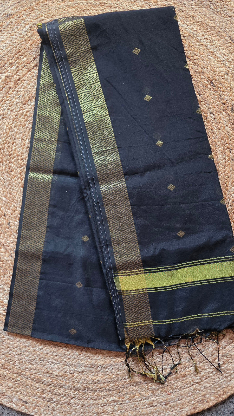 Black Maheshwari-Style Cotton Silk Saree with Gold Border and Butta