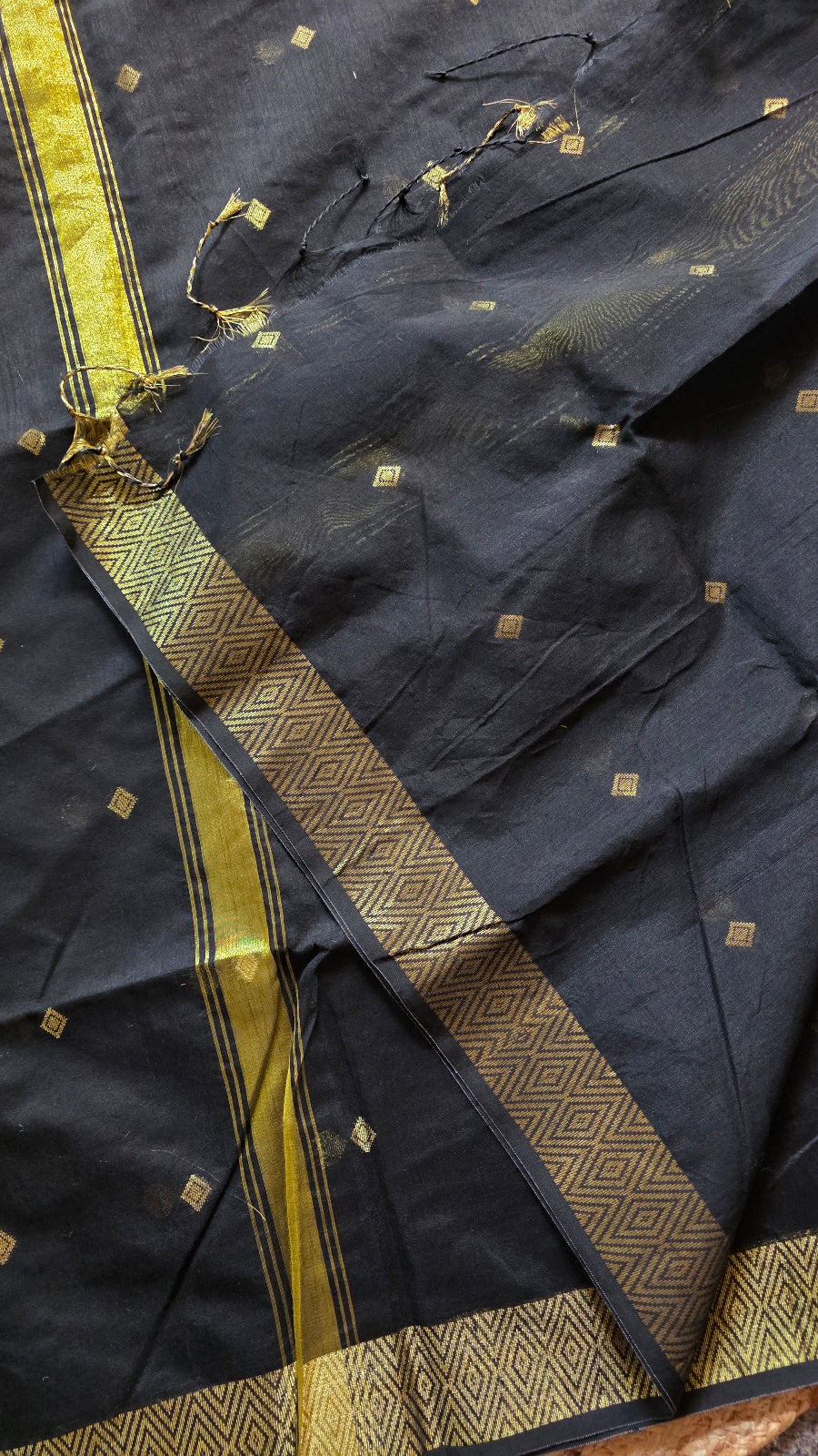 Black Maheshwari-Style Cotton Silk Saree with Gold Border and Butta