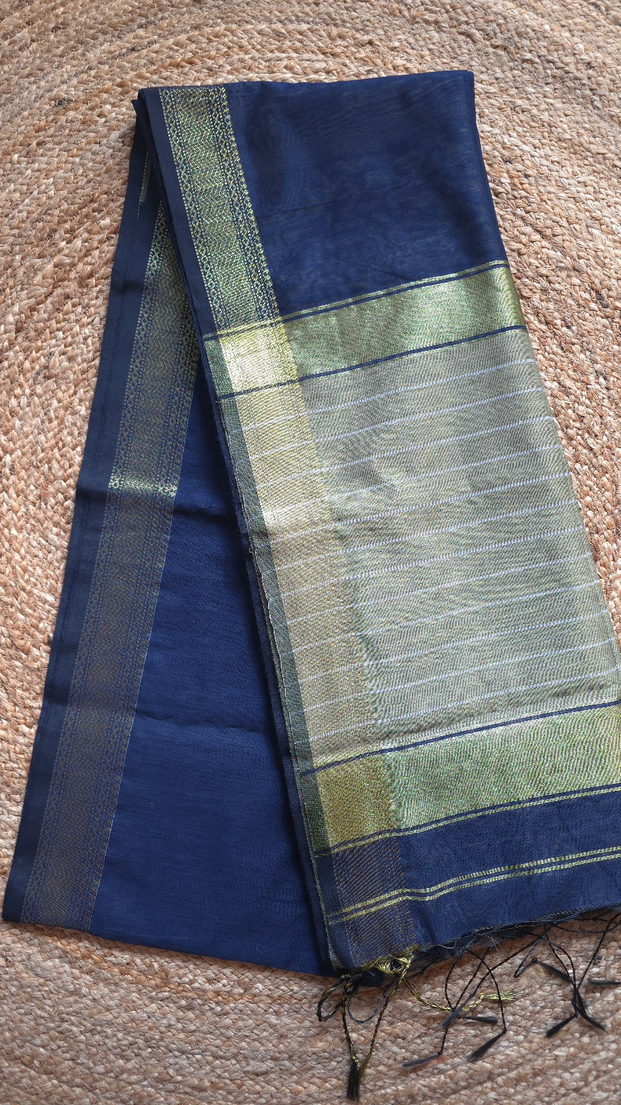 Navy Blue Maheshwari-Style Cotton Silk Saree with Gold Striped Pallu