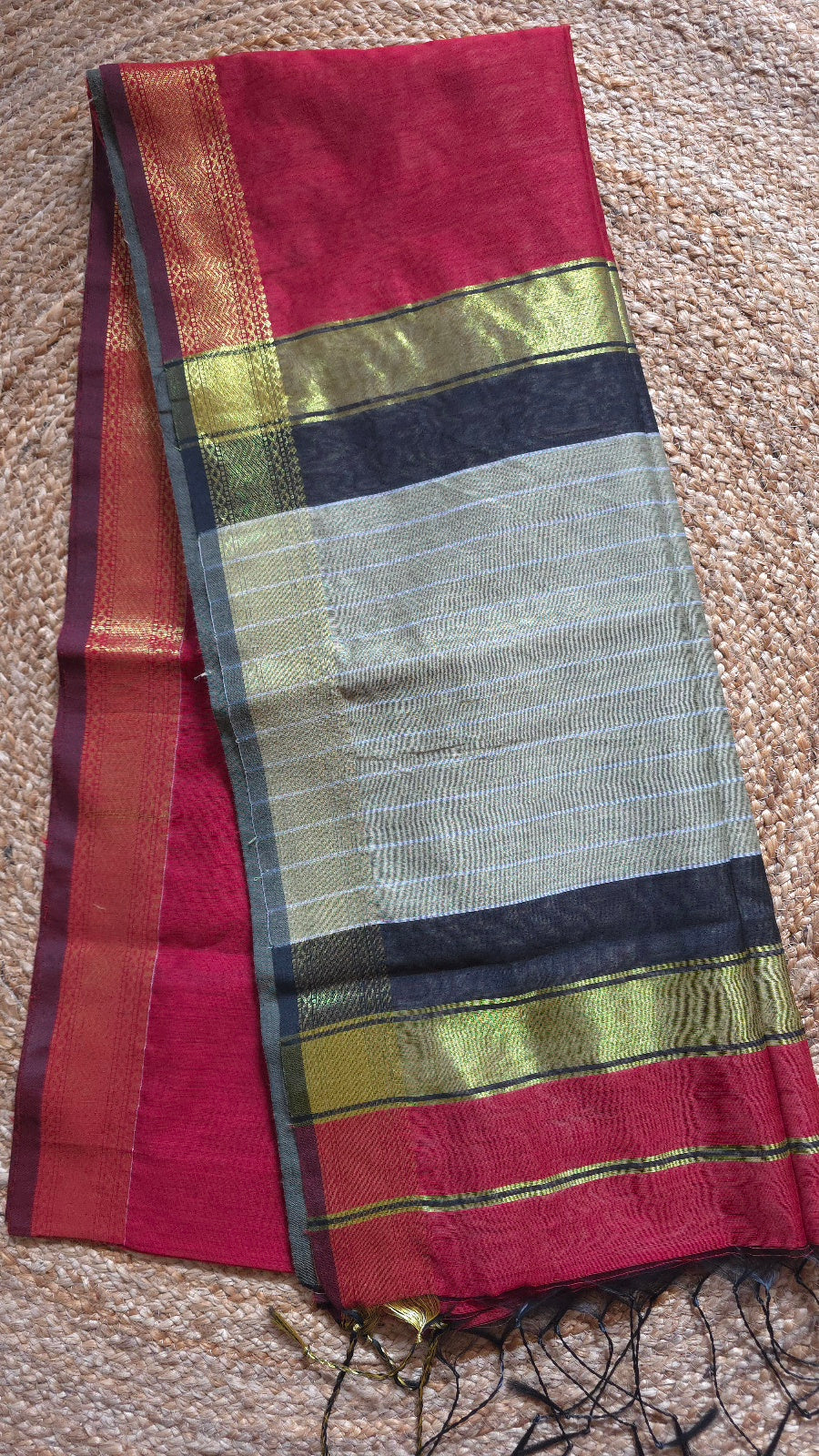 Red Maheshwari-Style Cotton Silk Saree with Black and Gold Striped Pallu