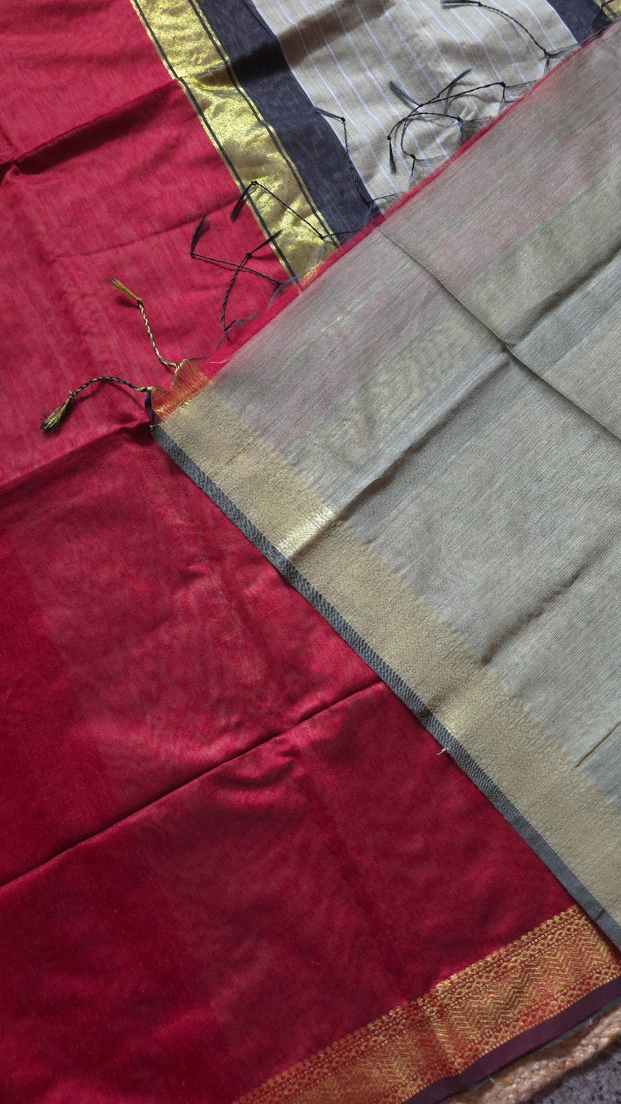 Red Maheshwari-Style Cotton Silk Saree with Black and Gold Striped Pallu