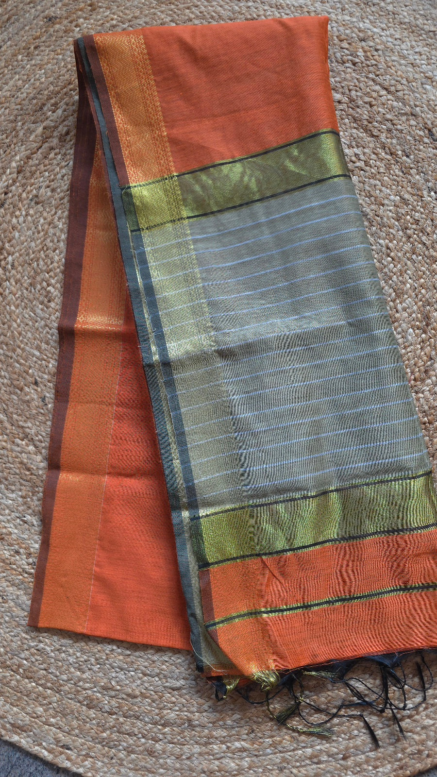 Orange Maheshwari-Style Cotton Silk Saree with Gold Striped Pallu