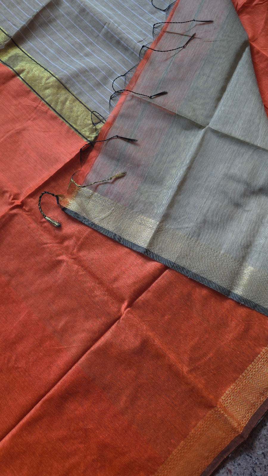 Orange Maheshwari-Style Cotton Silk Saree with Gold Striped Pallu