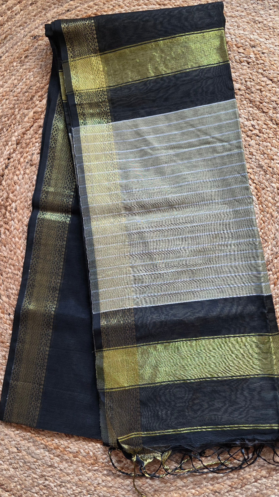Black Maheshwari-Style Cotton Silk Saree with Gold Striped Pallu