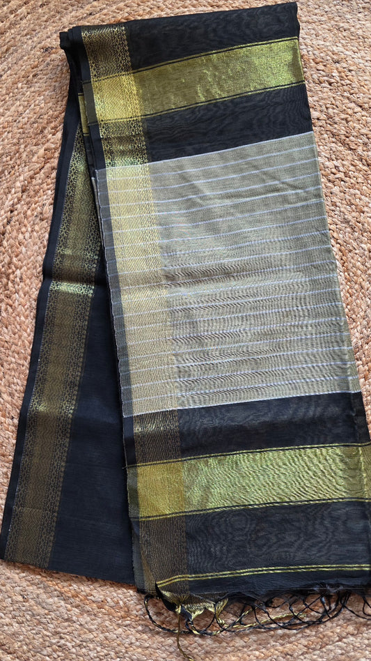 Black Maheshwari-Style Cotton Silk Saree with Gold Striped Pallu