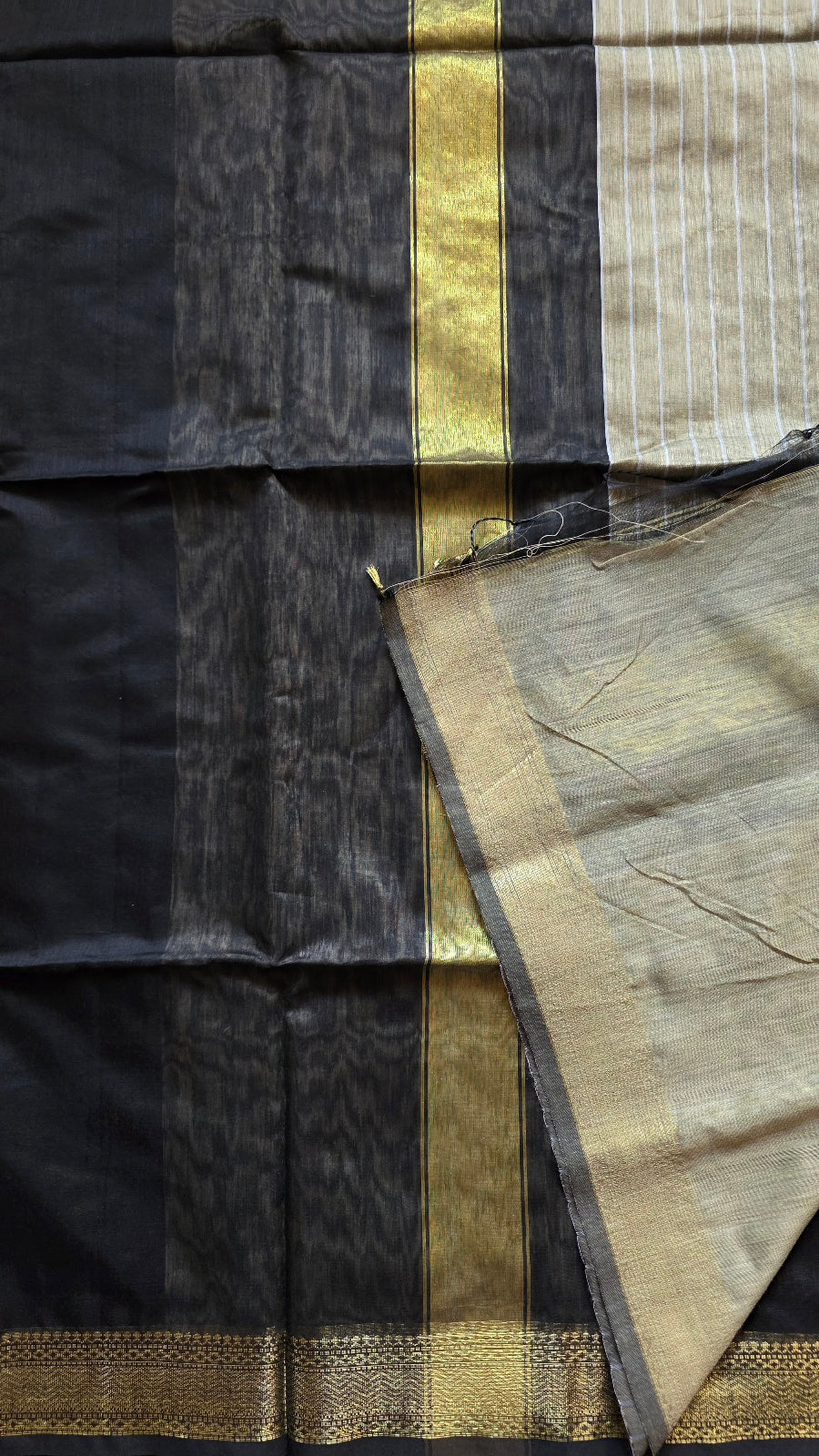 Black Maheshwari-Style Cotton Silk Saree with Gold Striped Pallu