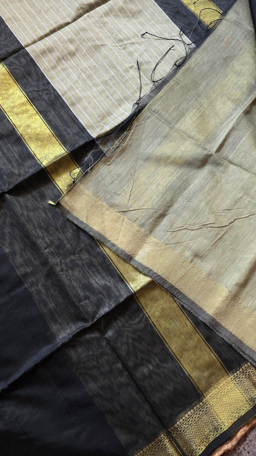 Black Maheshwari-Style Cotton Silk Saree with Gold Striped Pallu