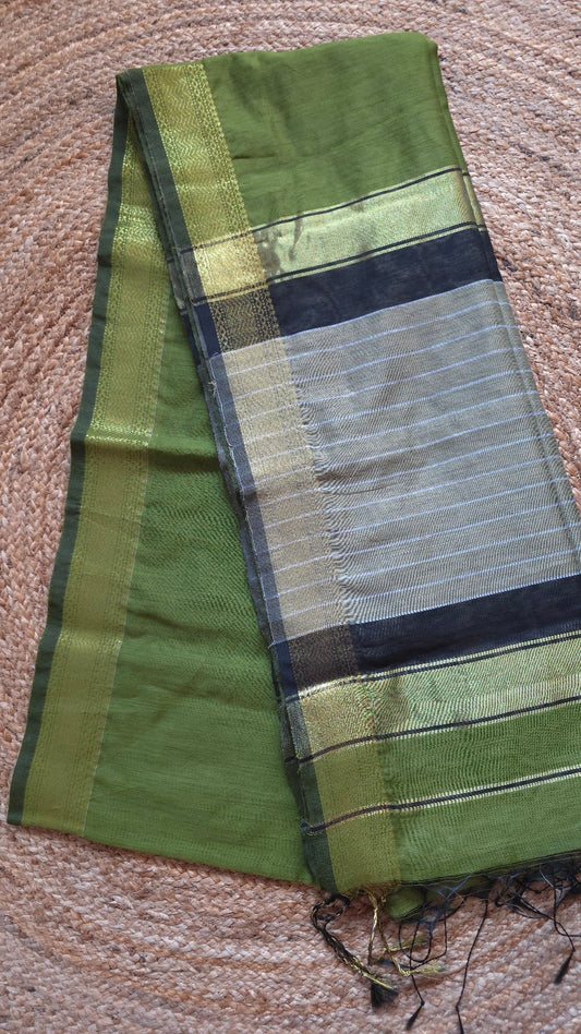 Olive Green Maheshwari-Style Cotton Silk Saree with Black and Gold Striped Pallu