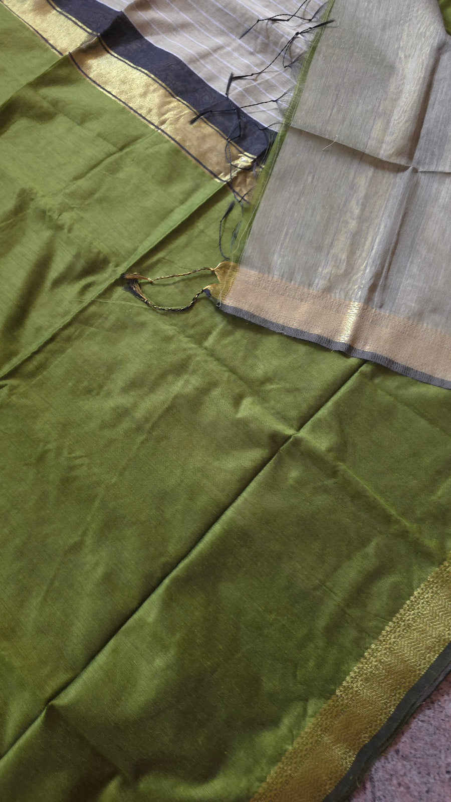 Olive Green Maheshwari-Style Cotton Silk Saree with Black and Gold Striped Pallu