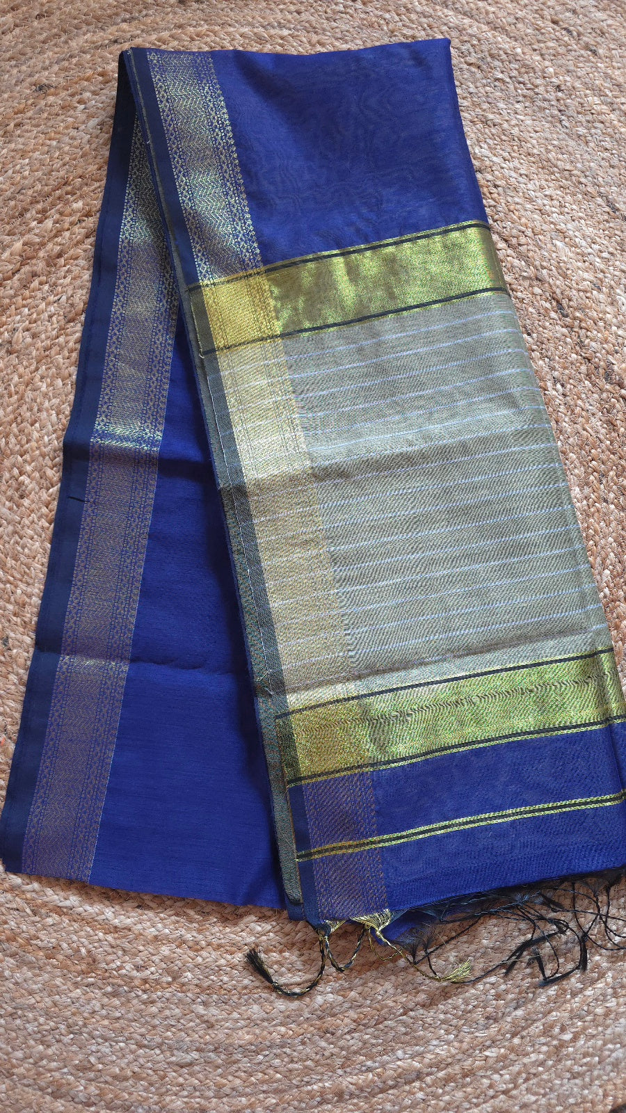 Royal Blue Maheshwari-Style Cotton Silk Saree with Gold Striped Pallu