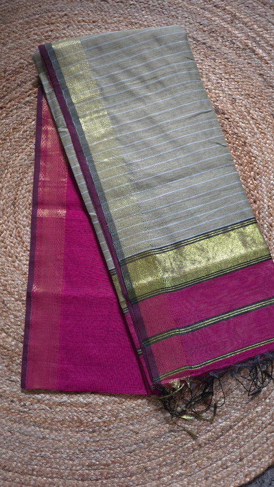 Pink Maheshwari-Style Cotton Silk Saree with Gold Striped Pallu