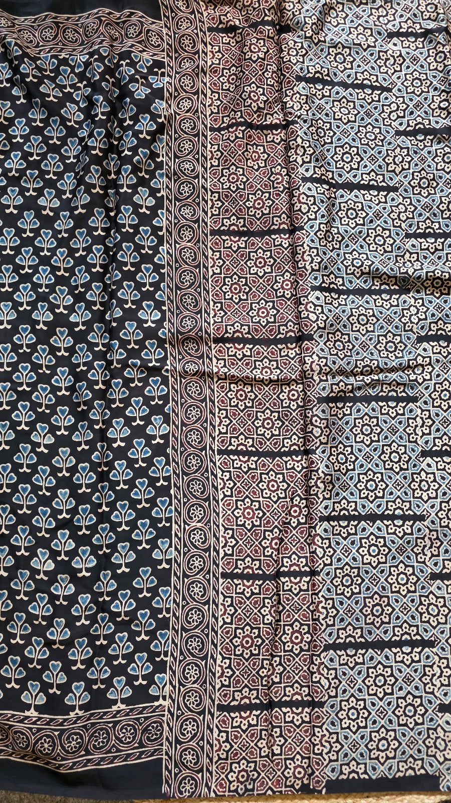 Black Ajrakh Modal Silk Saree – Hand-Block Printed in Kutch
