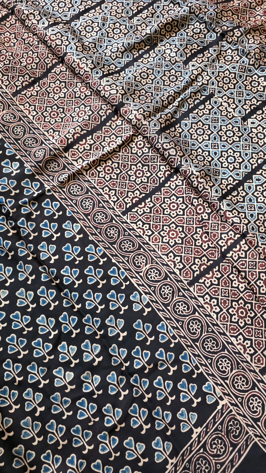 Black Ajrakh Modal Silk Saree – Hand-Block Printed in Kutch