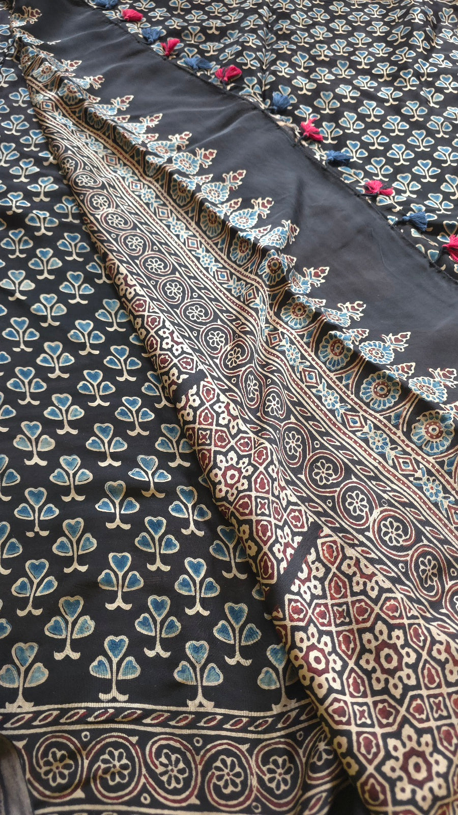 Black Ajrakh Modal Silk Saree – Hand-Block Printed in Kutch
