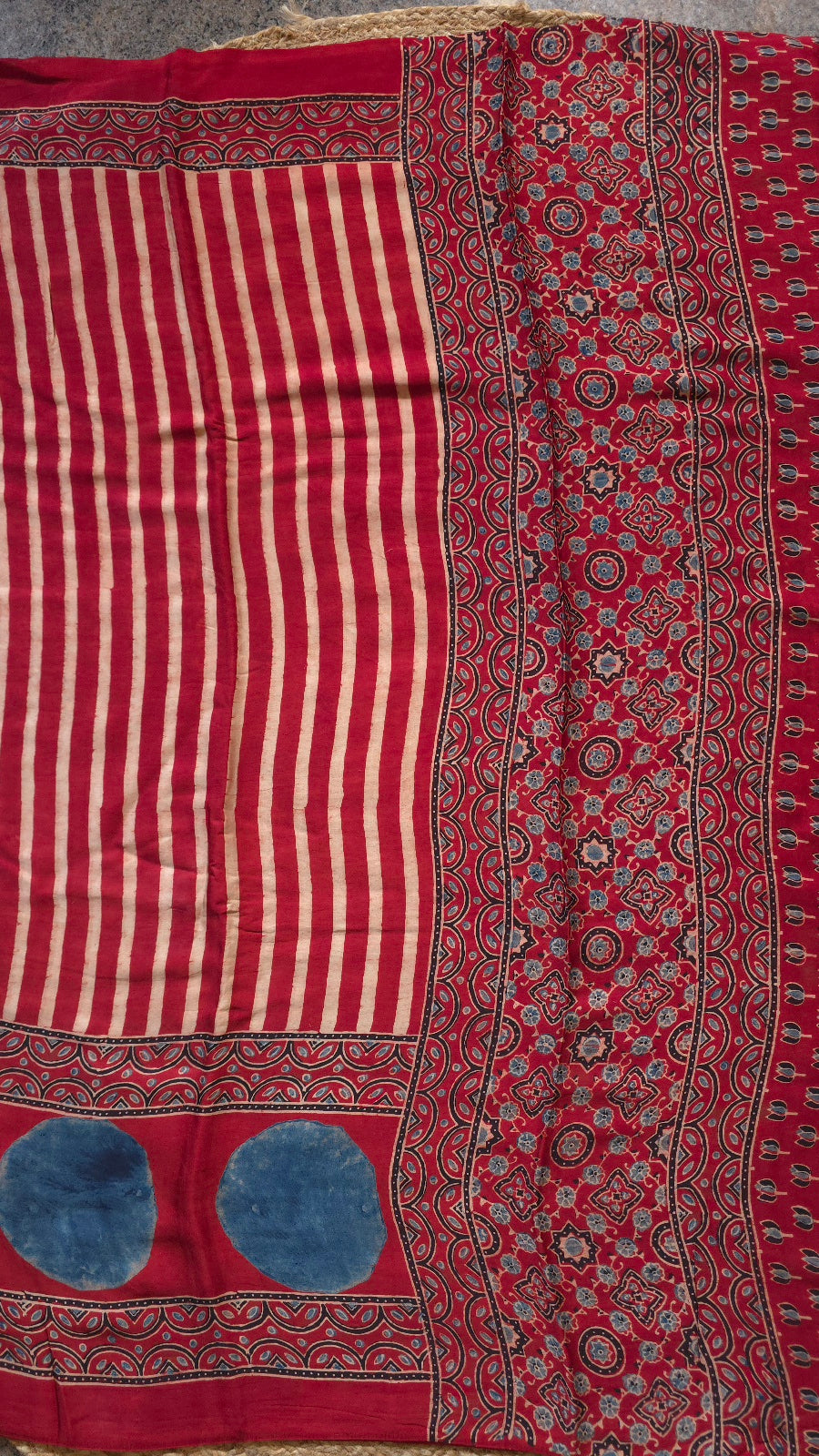 Red Striped Ajrakh Modal Silk Saree – Hand-Block Printed in Kutch