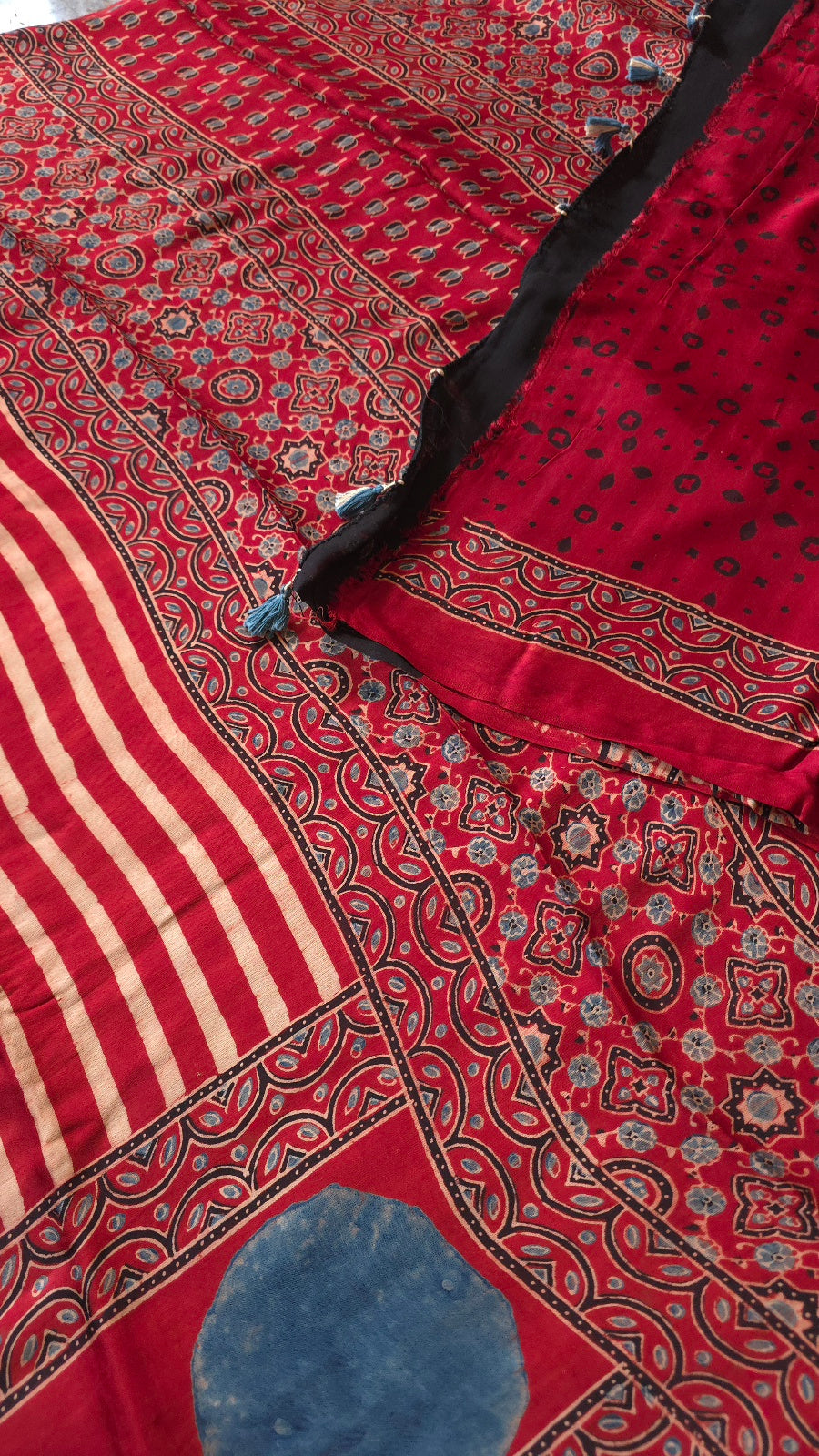 Red Striped Ajrakh Modal Silk Saree – Hand-Block Printed in Kutch