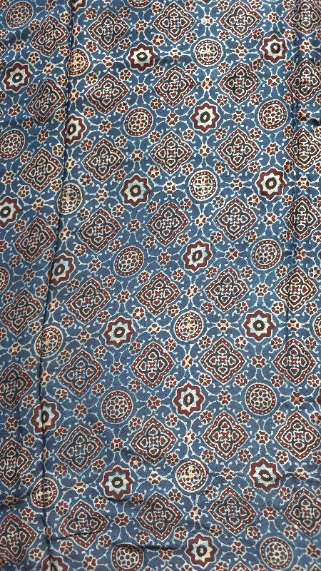 Blue Ajrakh Modal Silk Saree with Fan Buttas – Hand-Block Printed in Kutch