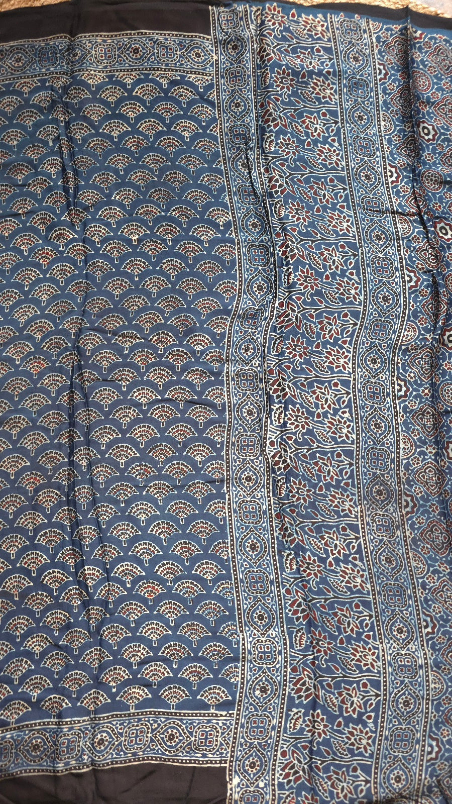 Blue Ajrakh Modal Silk Saree with Fan Buttas – Hand-Block Printed in Kutch