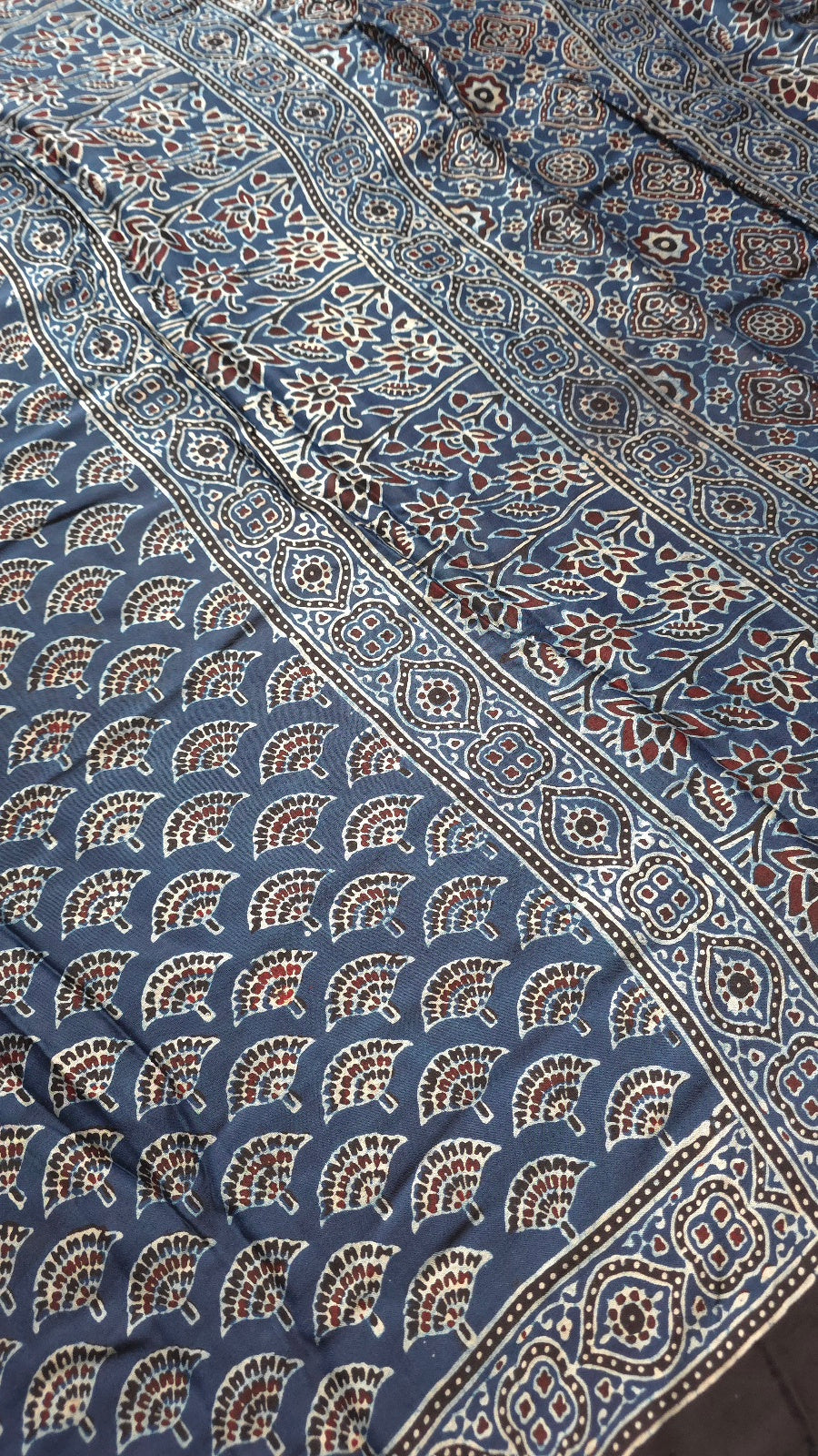 Blue Ajrakh Modal Silk Saree with Fan Buttas – Hand-Block Printed in Kutch