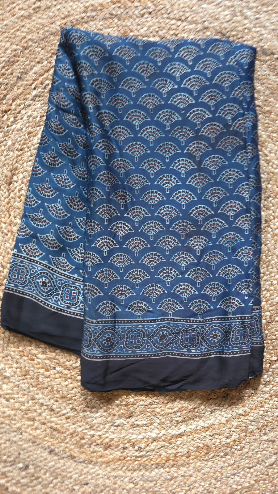 Blue Ajrakh Modal Silk Saree with Fan Buttas – Hand-Block Printed in Kutch