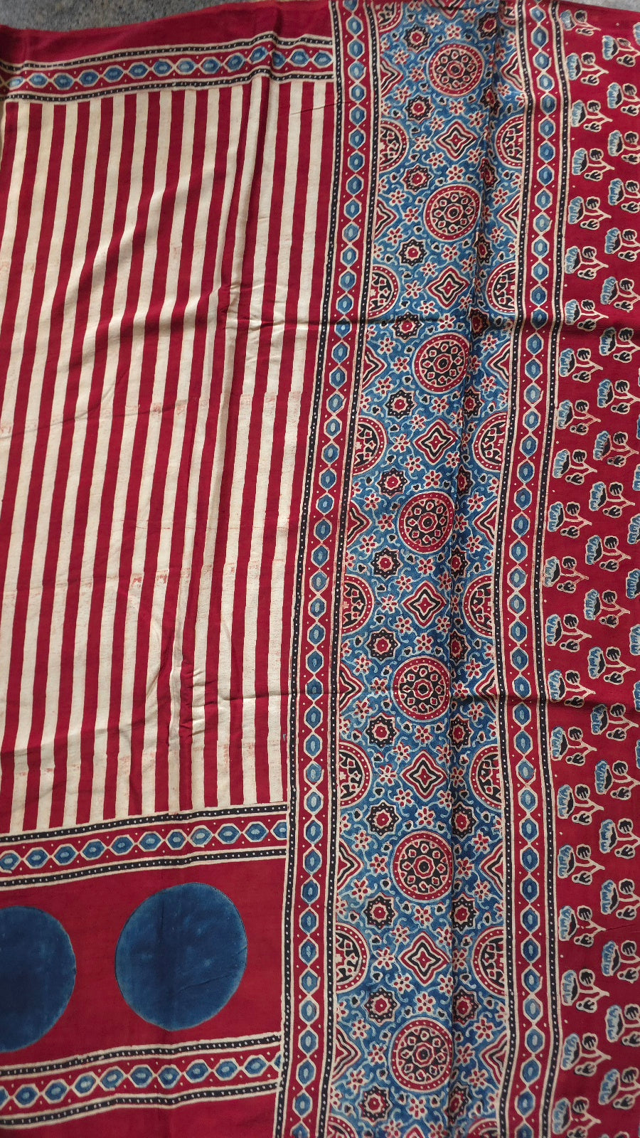 Red Striped Ajrakh Modal Silk Saree with Blue Pallu – Hand-Block Printed in Kutch