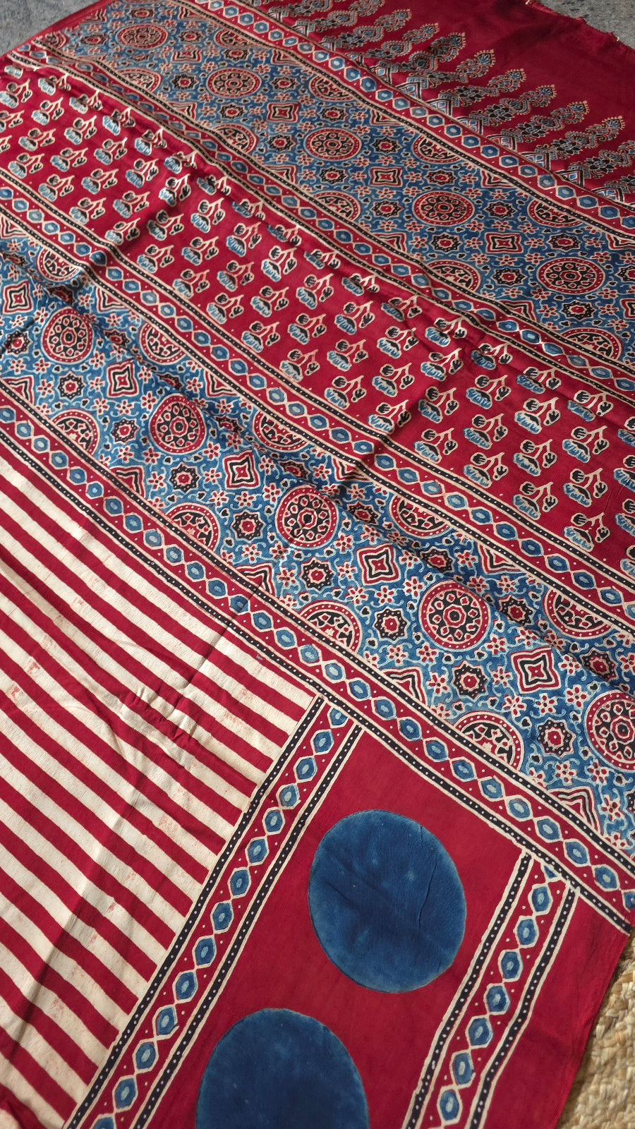 Red Striped Ajrakh Modal Silk Saree with Blue Pallu – Hand-Block Printed in Kutch