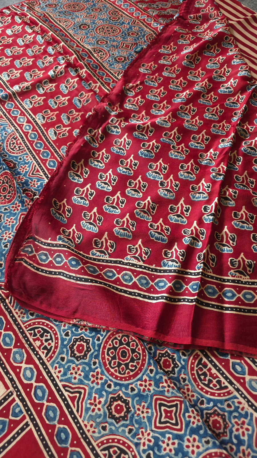 Red Striped Ajrakh Modal Silk Saree with Blue Pallu – Hand-Block Printed in Kutch