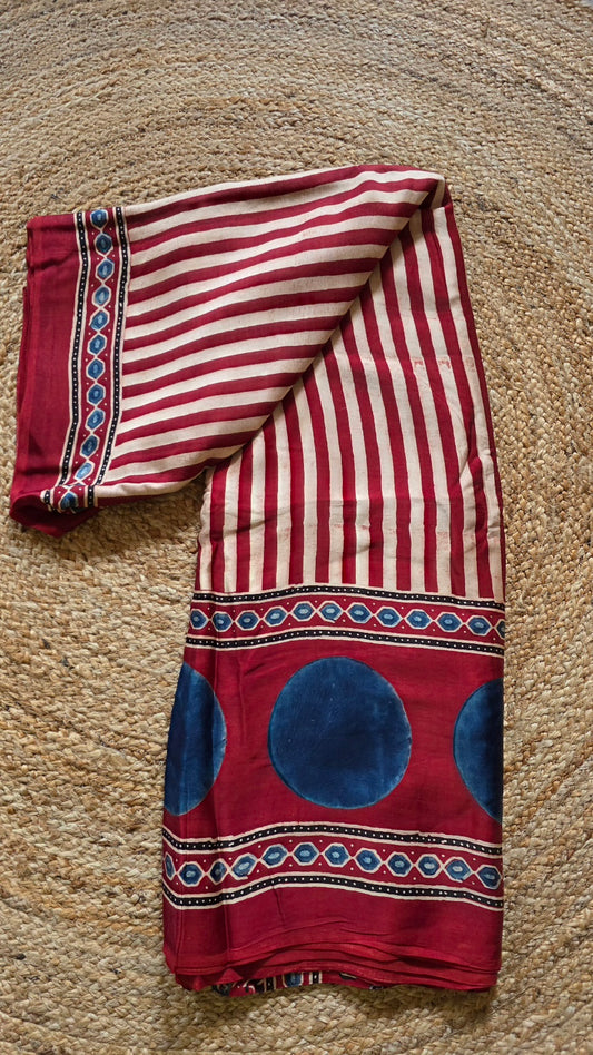 Red Striped Ajrakh Modal Silk Saree with Blue Pallu – Hand-Block Printed in Kutch