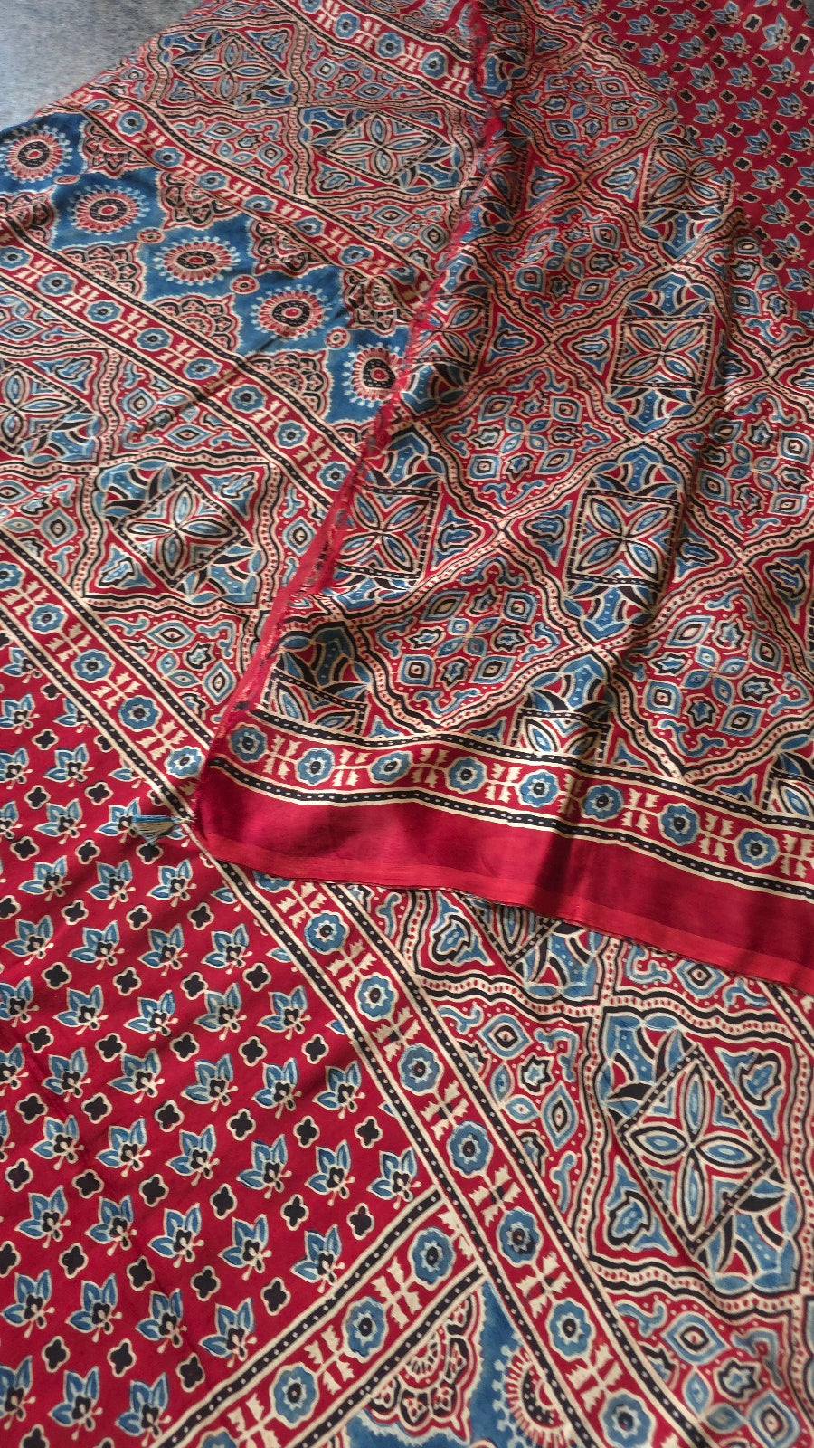 Red Ajrakh Modal Silk Saree with Blue Lotus Buttas – Hand-Block Printed in Kutch