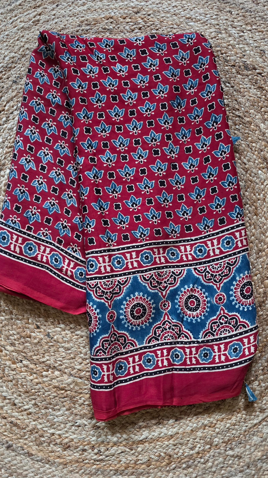 Red Ajrakh Modal Silk Saree with Blue Lotus Buttas – Hand-Block Printed in Kutch