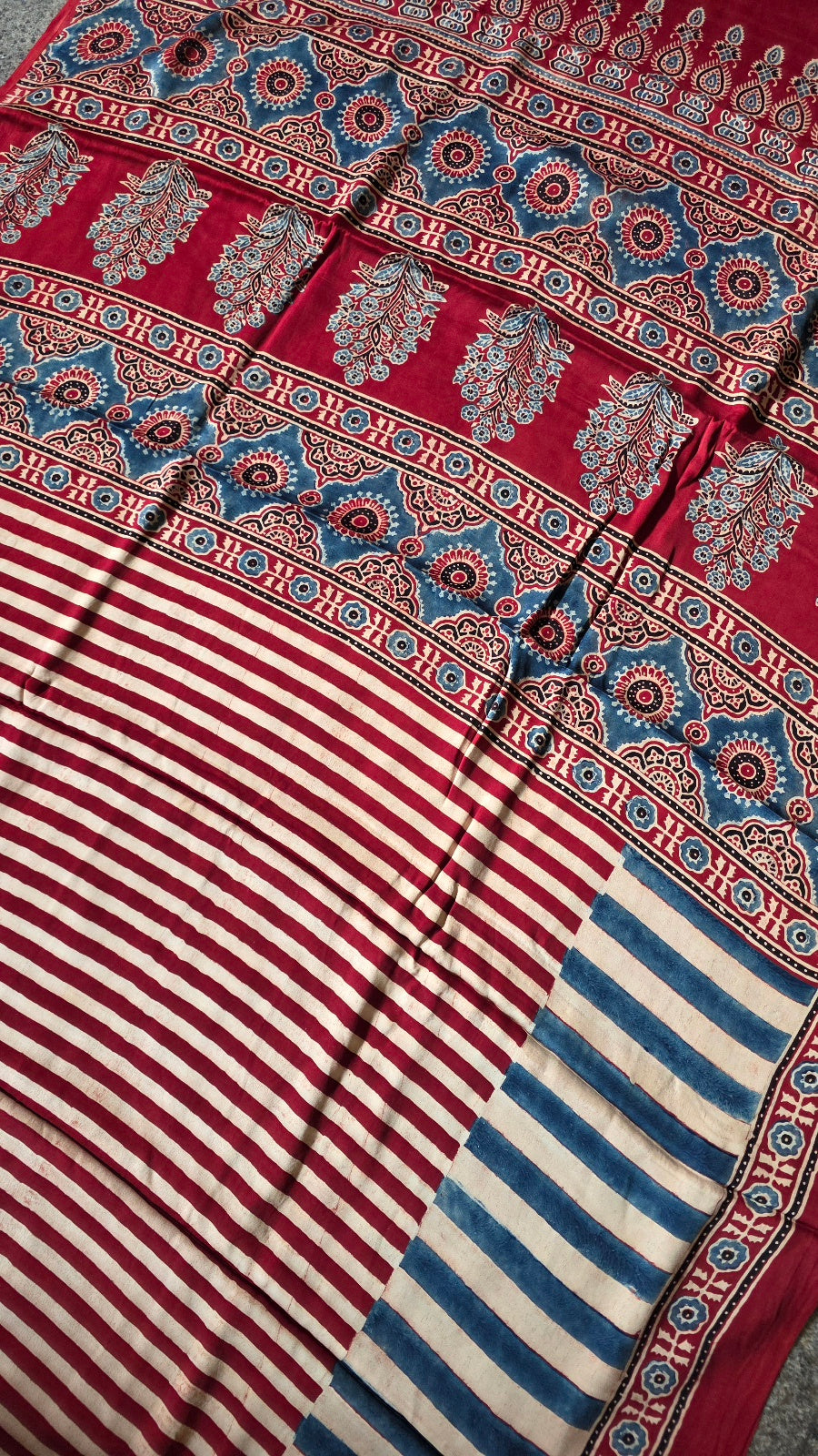 Red and Blue Striped Ajrakh Modal Silk Saree – Hand-Block Printed in Kutch